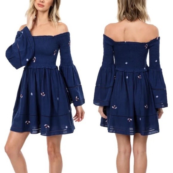 Free People Counting Daisies Blue Embroidered Off-the-Shoulder Dress | Size S - Picture 1 of 6